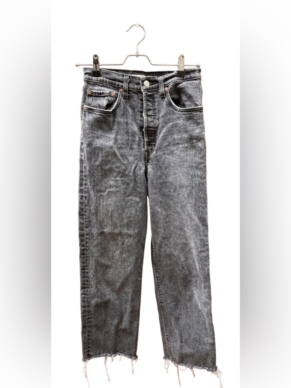 Levi's Ribcage Straight Ankle Jeans - Washed Black Raw Hem - Size 27